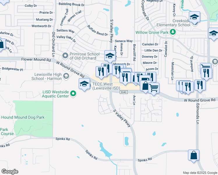 map of restaurants, bars, coffee shops, grocery stores, and more near 1101 West Round Grove Road in Lewisville