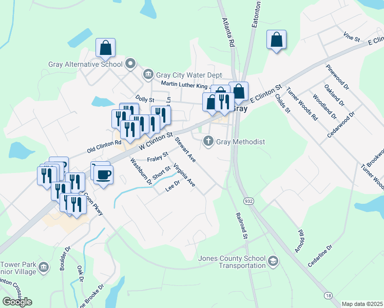 map of restaurants, bars, coffee shops, grocery stores, and more near 125 Stewart Avenue in Gray