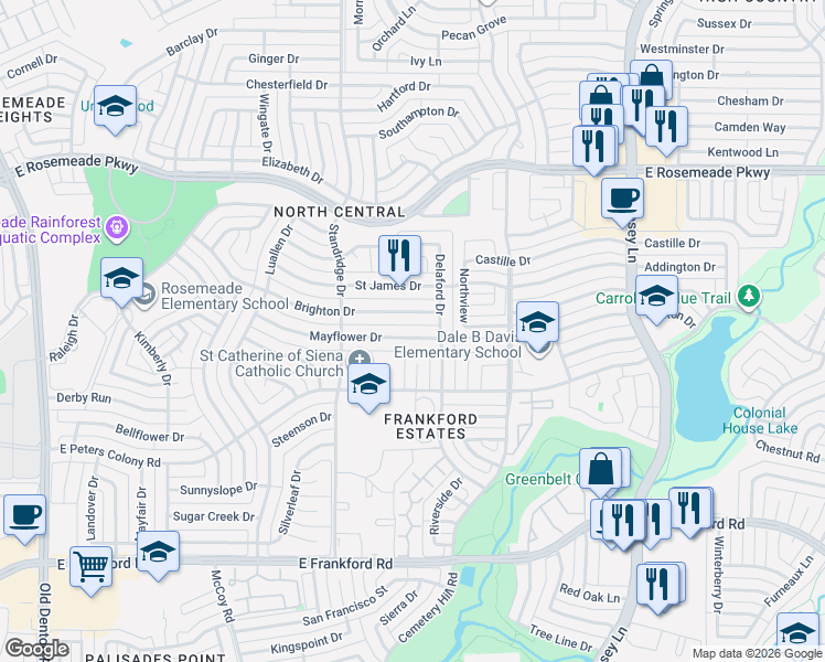 map of restaurants, bars, coffee shops, grocery stores, and more near 1724 Mayflower Drive in Carrollton