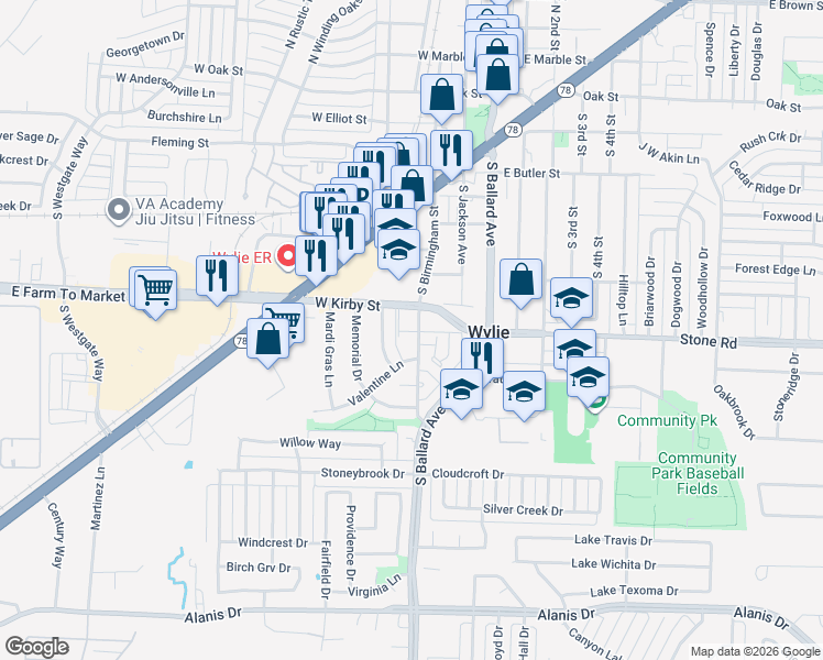 map of restaurants, bars, coffee shops, grocery stores, and more near 209 Stone Circle in Wylie