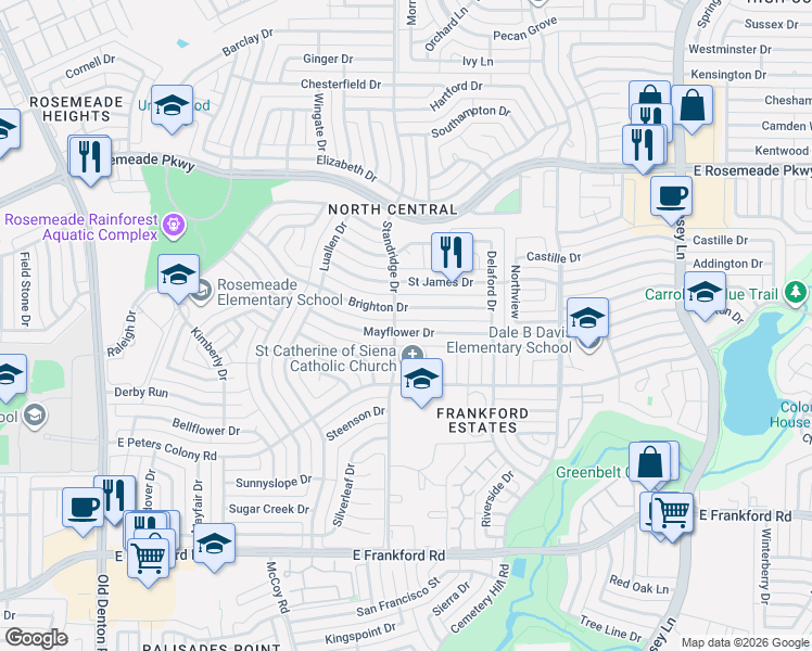 map of restaurants, bars, coffee shops, grocery stores, and more near 1626 Mayflower Drive in Carrollton