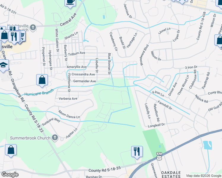 map of restaurants, bars, coffee shops, grocery stores, and more near Crossandra Avenue in Summerville