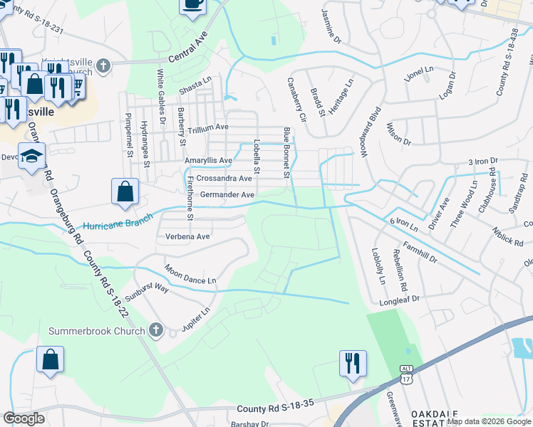map of restaurants, bars, coffee shops, grocery stores, and more near 181 Moon Dance Lane in Summerville