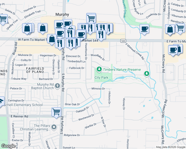 map of restaurants, bars, coffee shops, grocery stores, and more near 324 Shady Timbers Lane in Murphy