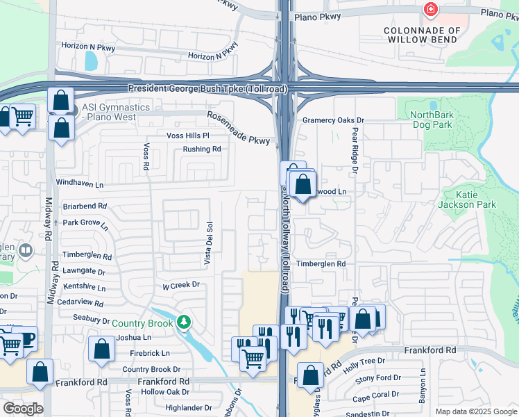 map of restaurants, bars, coffee shops, grocery stores, and more near 18959 Dallas Parkway in Dallas