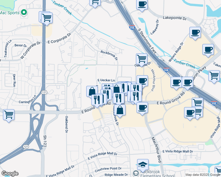 map of restaurants, bars, coffee shops, grocery stores, and more near 2329 Caroline Court in Lewisville
