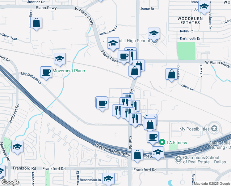 map of restaurants, bars, coffee shops, grocery stores, and more near 437 Coit Road in Plano