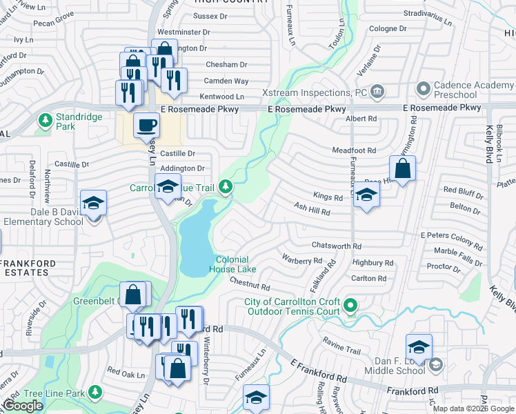 map of restaurants, bars, coffee shops, grocery stores, and more near 2015 East Peters Colony Road in Carrollton