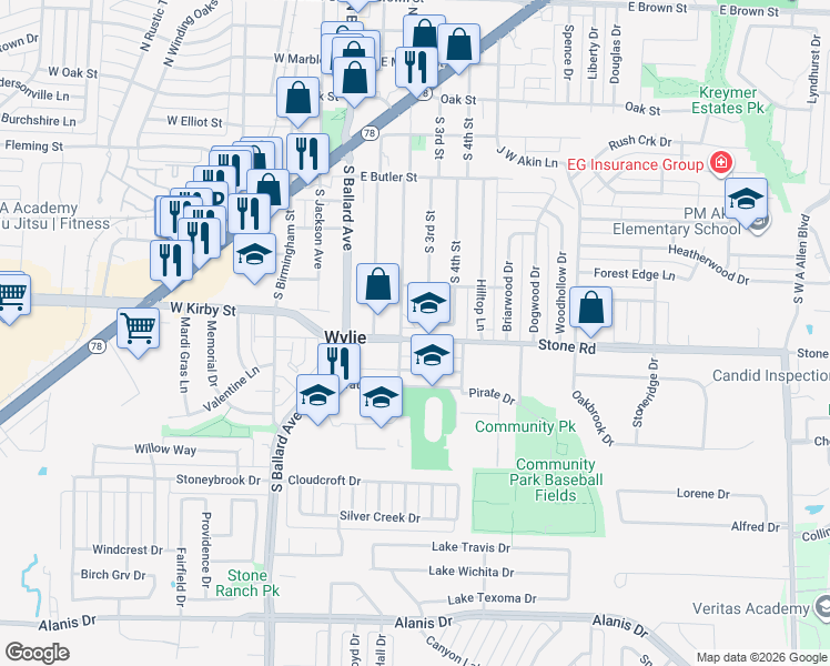 map of restaurants, bars, coffee shops, grocery stores, and more near 7 Trails Place in Wylie