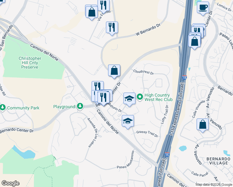 map of restaurants, bars, coffee shops, grocery stores, and more near 15879 Sunnyfield Place in San Diego