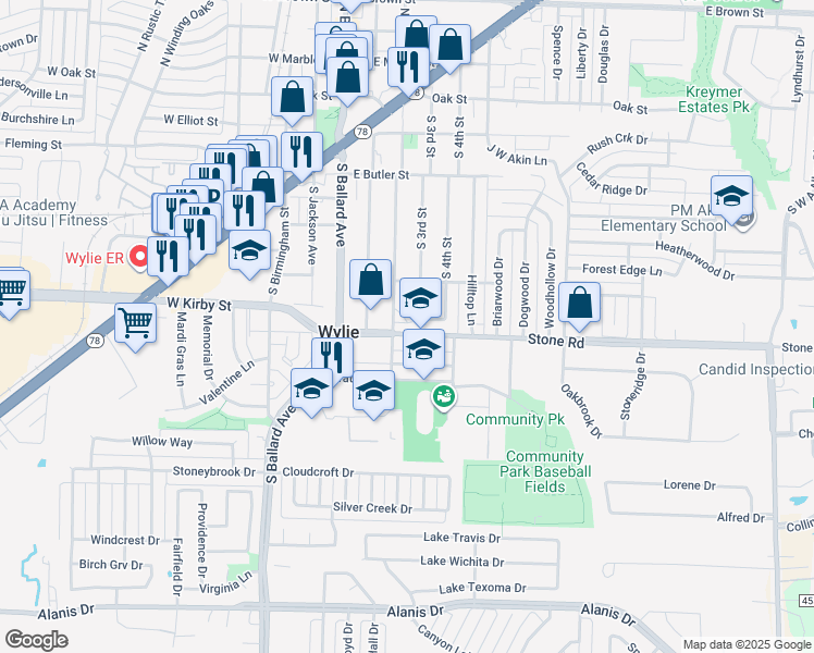 map of restaurants, bars, coffee shops, grocery stores, and more near 7 Trails Place in Wylie