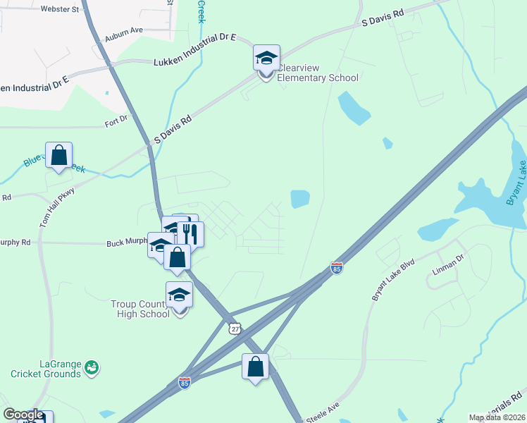 map of restaurants, bars, coffee shops, grocery stores, and more near 456 Cooley Road in LaGrange