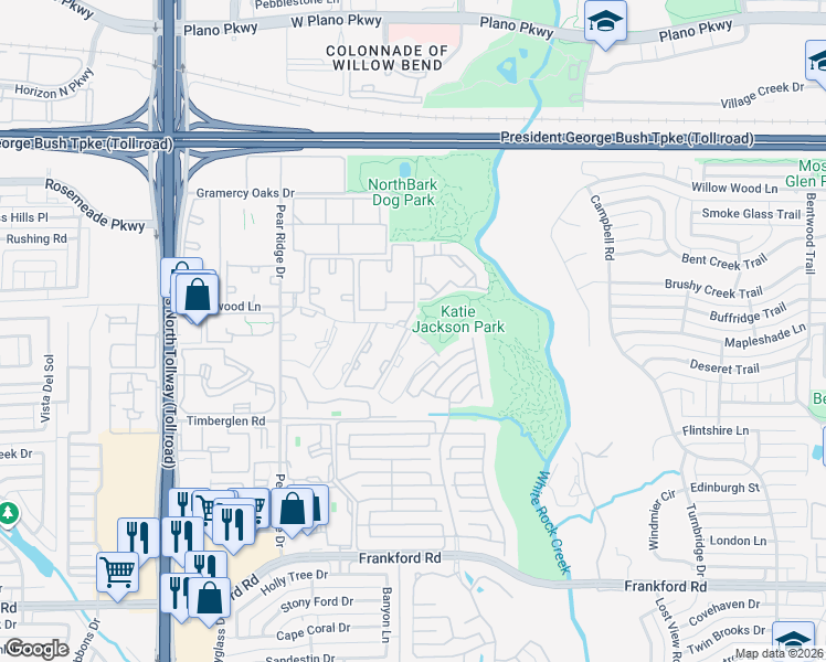 map of restaurants, bars, coffee shops, grocery stores, and more near 5050 Haverwood Lane in Dallas