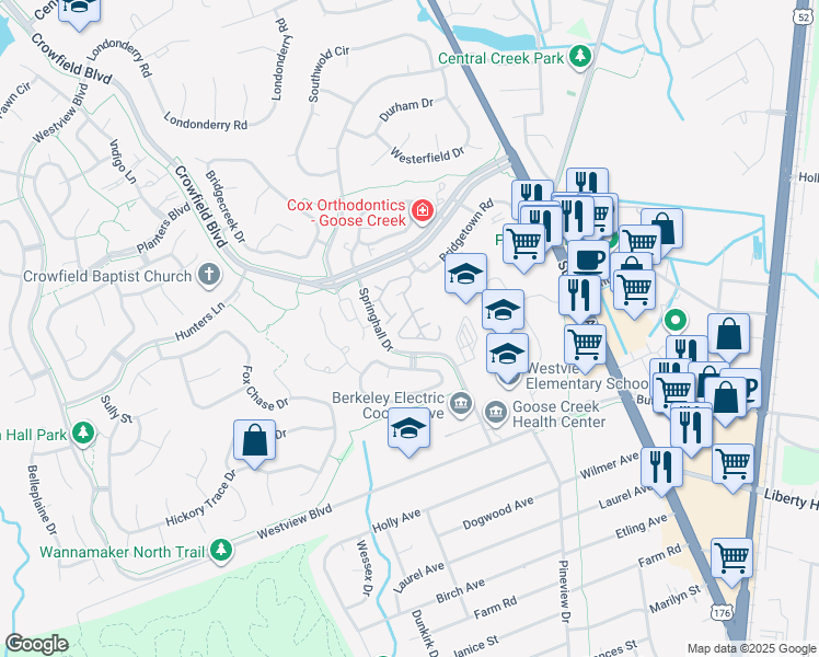 map of restaurants, bars, coffee shops, grocery stores, and more near 101 Bridgetown Road in Goose Creek