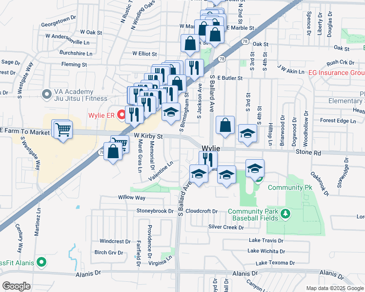 map of restaurants, bars, coffee shops, grocery stores, and more near 209 Stone Circle in Wylie