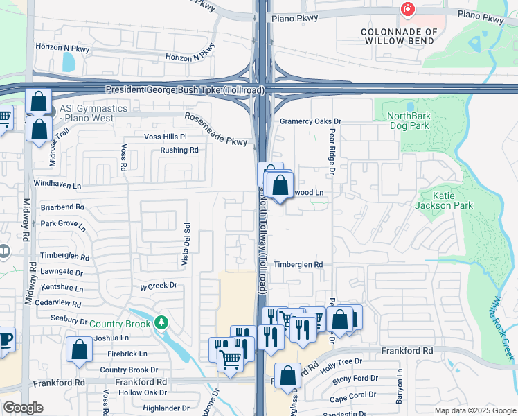map of restaurants, bars, coffee shops, grocery stores, and more near 18581 Dallas Parkway in Dallas