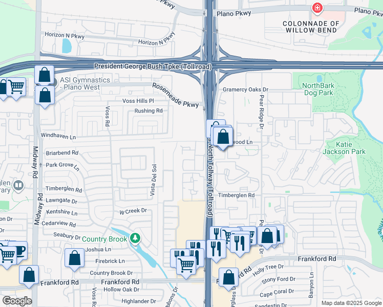map of restaurants, bars, coffee shops, grocery stores, and more near 18959 Dallas Parkway in Dallas
