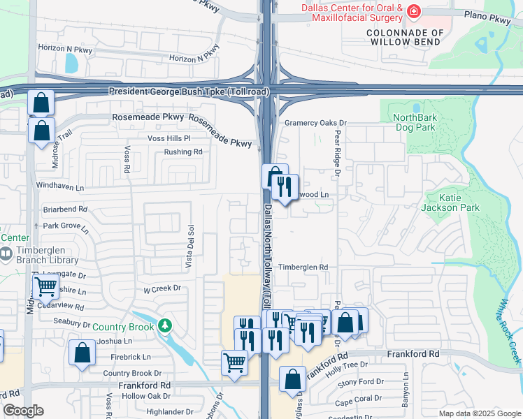 map of restaurants, bars, coffee shops, grocery stores, and more near 18581 Dallas Parkway in Dallas