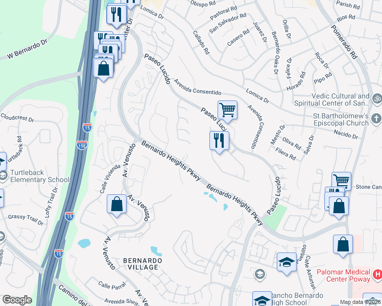 map of restaurants, bars, coffee shops, grocery stores, and more near 12120 View Pointe Row in San Diego