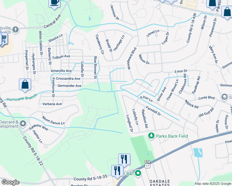 map of restaurants, bars, coffee shops, grocery stores, and more near 448 Longleaf Drive in Summerville