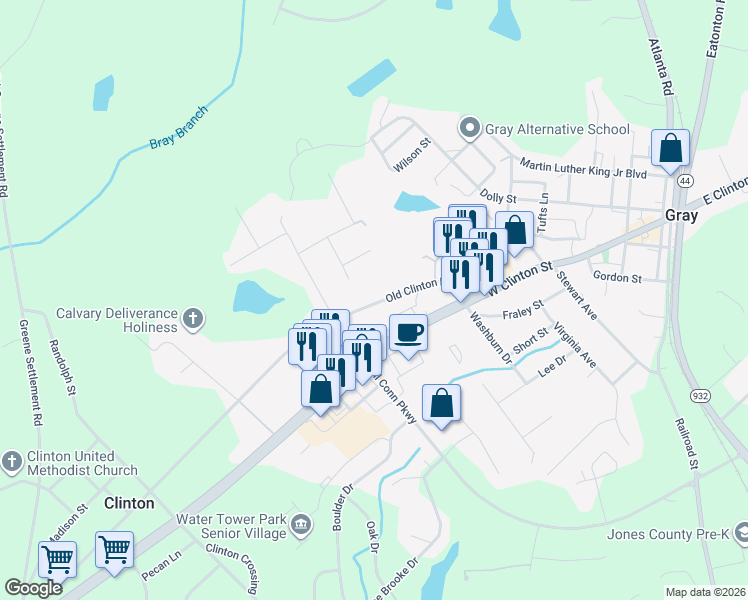 map of restaurants, bars, coffee shops, grocery stores, and more near 226-250 Old Clinton Road in Gray