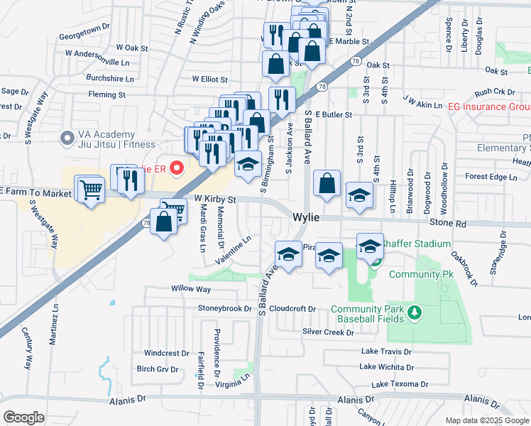 map of restaurants, bars, coffee shops, grocery stores, and more near 209 Stone Circle in Wylie