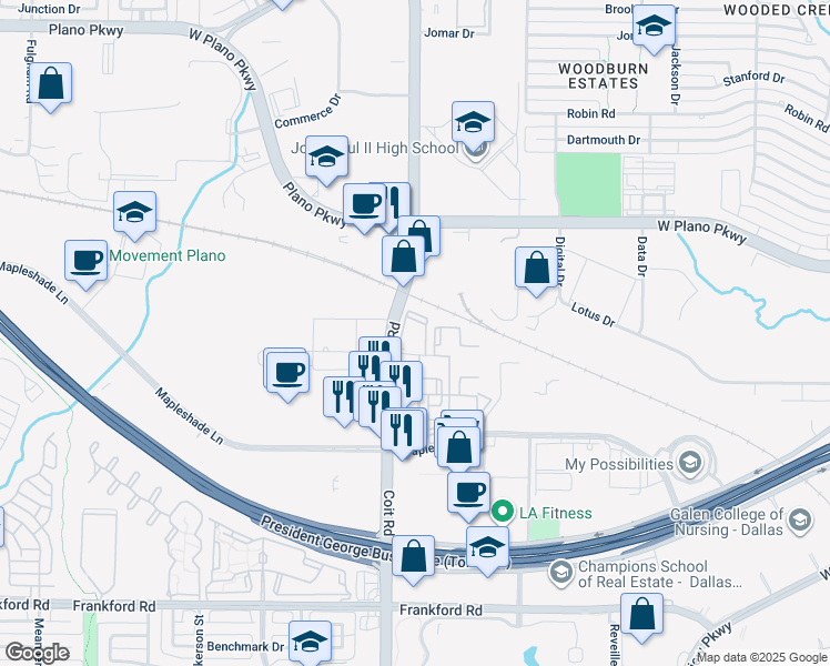 map of restaurants, bars, coffee shops, grocery stores, and more near 500 Coit Road in Plano