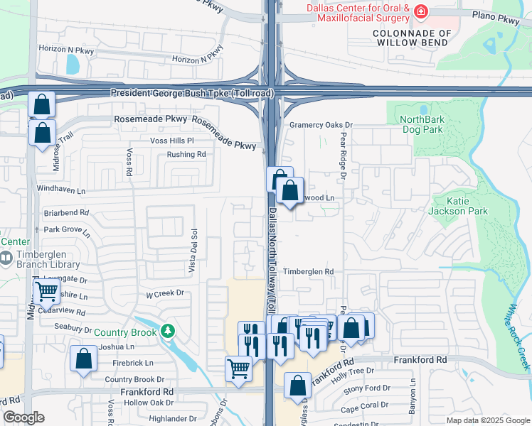 map of restaurants, bars, coffee shops, grocery stores, and more near 18581 Dallas Parkway in Dallas
