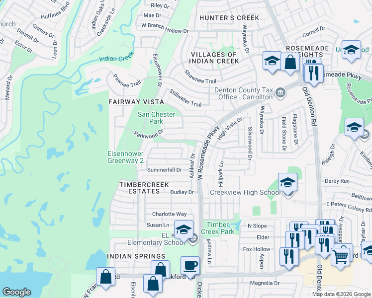 map of restaurants, bars, coffee shops, grocery stores, and more near 3401 Ashleaf Drive in Carrollton