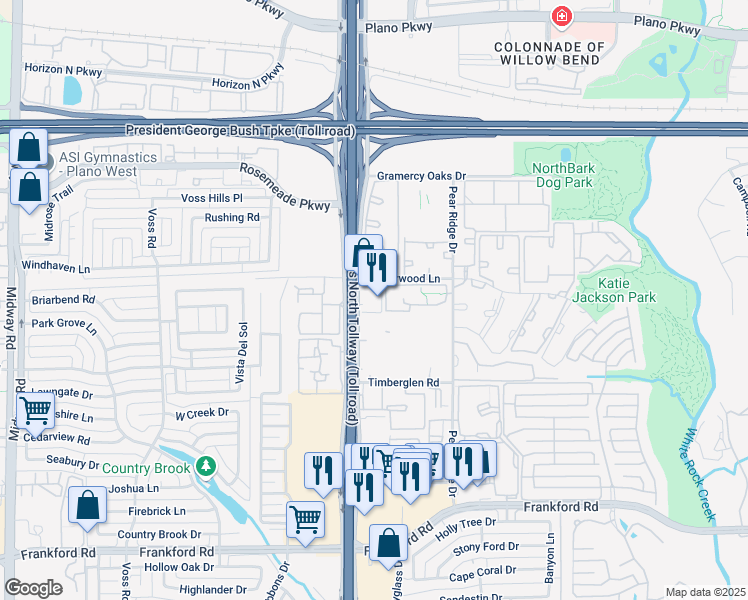 map of restaurants, bars, coffee shops, grocery stores, and more near 18900 Dallas Parkway in Dallas