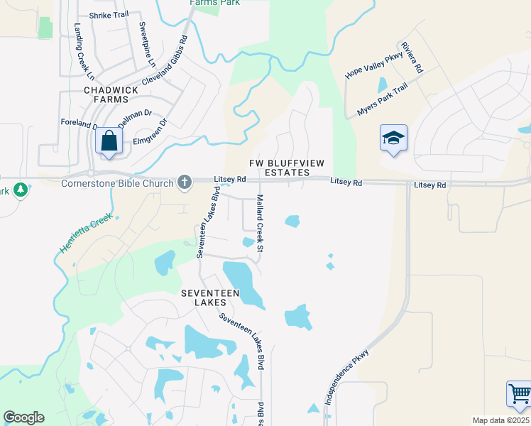 map of restaurants, bars, coffee shops, grocery stores, and more near 15309 Mallard Creek Street in Roanoke