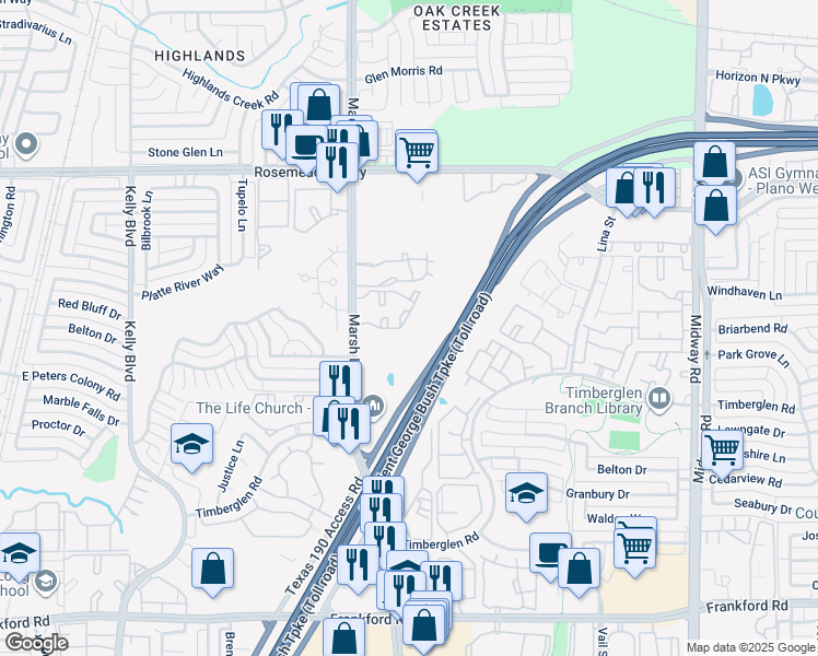 map of restaurants, bars, coffee shops, grocery stores, and more near 18788 Marsh Lane in Dallas