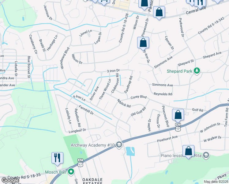 map of restaurants, bars, coffee shops, grocery stores, and more near 203 Niblick Road in Summerville
