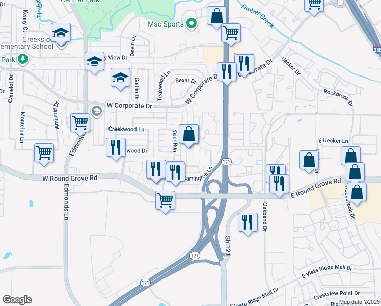 map of restaurants, bars, coffee shops, grocery stores, and more near 2455 Sunderland Lane in Lewisville
