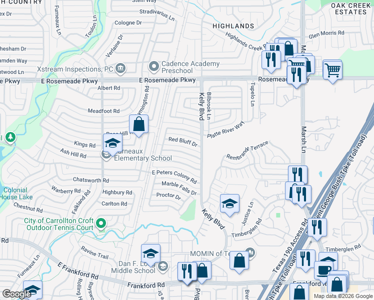map of restaurants, bars, coffee shops, grocery stores, and more near 2220 Belton Drive in Carrollton