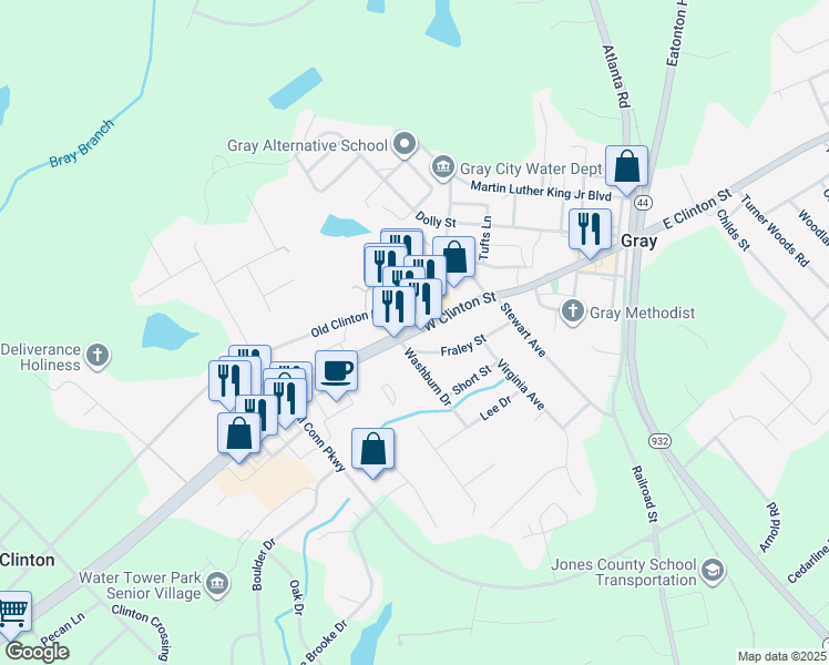 map of restaurants, bars, coffee shops, grocery stores, and more near West Clinton Street in Gray