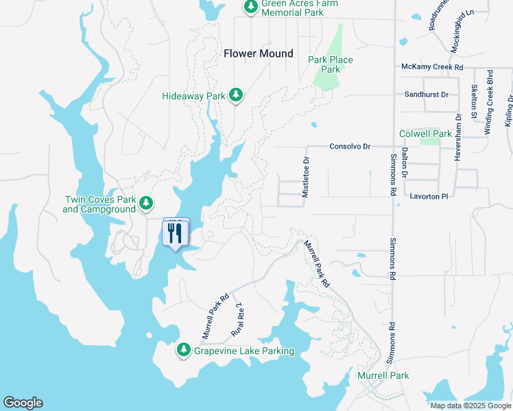 map of restaurants, bars, coffee shops, grocery stores, and more near 4113 Holly Lane in Flower Mound