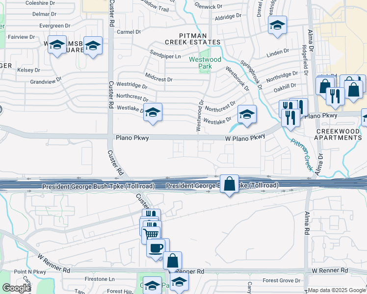 map of restaurants, bars, coffee shops, grocery stores, and more near Callahan Drive in Plano