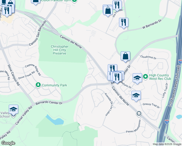 map of restaurants, bars, coffee shops, grocery stores, and more near 15628 Bernardo Center Drive in San Diego
