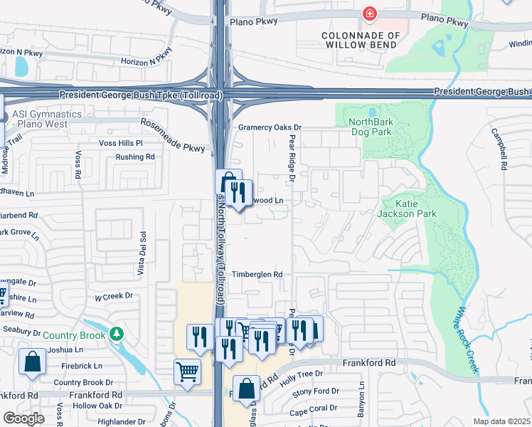 map of restaurants, bars, coffee shops, grocery stores, and more near 4750 Haverwood Lane in Dallas