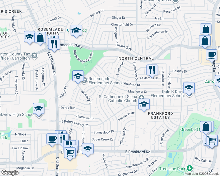map of restaurants, bars, coffee shops, grocery stores, and more near 1603 Walker Drive in Carrollton