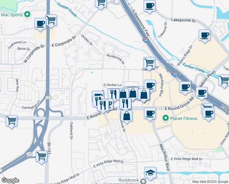 map of restaurants, bars, coffee shops, grocery stores, and more near 2308 Caroline Court in Lewisville