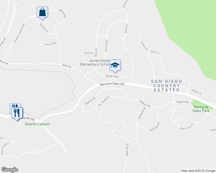 map of restaurants, bars, coffee shops, grocery stores, and more near 24856 Pappas Road in Ramona