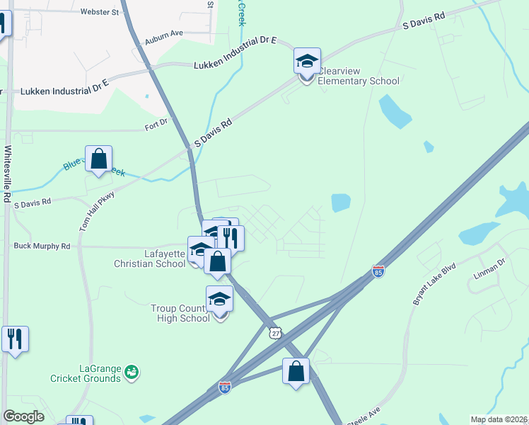 map of restaurants, bars, coffee shops, grocery stores, and more near 133 Alicia Way in LaGrange