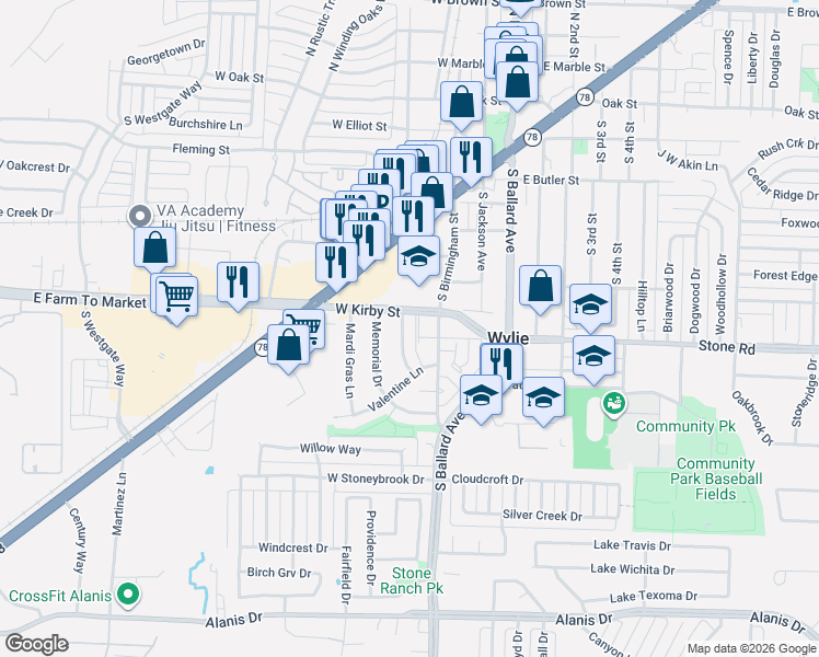 map of restaurants, bars, coffee shops, grocery stores, and more near 903 Easter Drive in Wylie