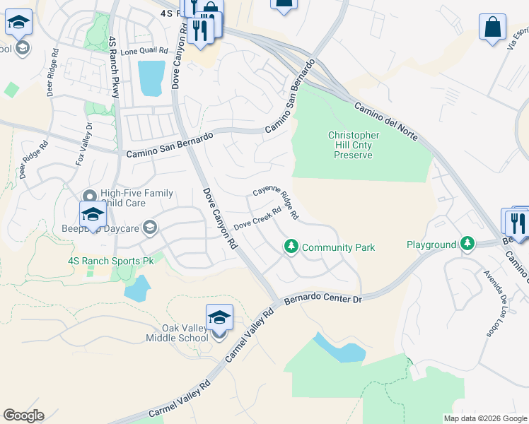 map of restaurants, bars, coffee shops, grocery stores, and more near 16162 Falcon Crest Drive in San Diego