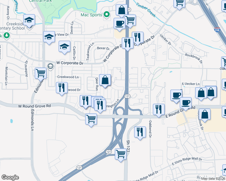 map of restaurants, bars, coffee shops, grocery stores, and more near 2464 Carrington Lane in Lewisville