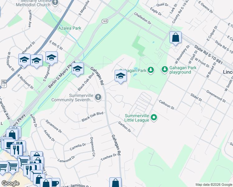 map of restaurants, bars, coffee shops, grocery stores, and more near 412 Grand Palm Lane in Summerville