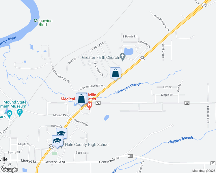 map of restaurants, bars, coffee shops, grocery stores, and more near 16413 Alabama Highway 69 South in Moundville