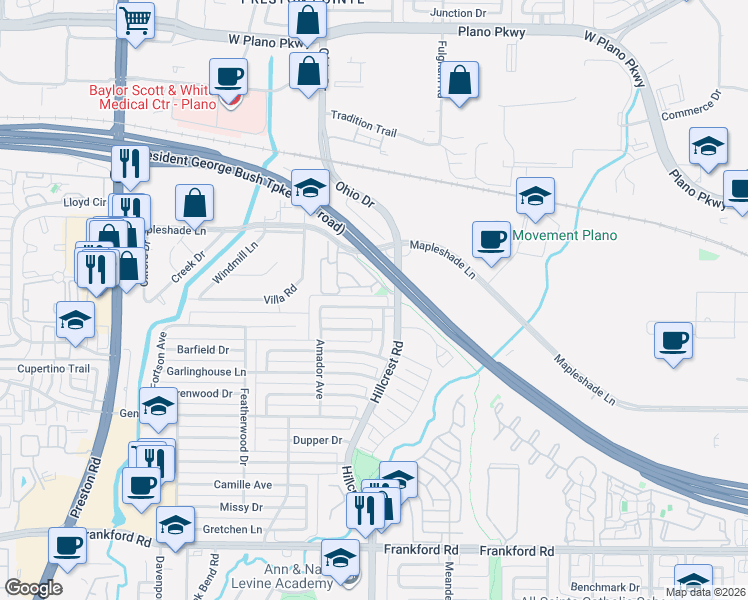 map of restaurants, bars, coffee shops, grocery stores, and more near 18711 Sagewood Drive in Dallas